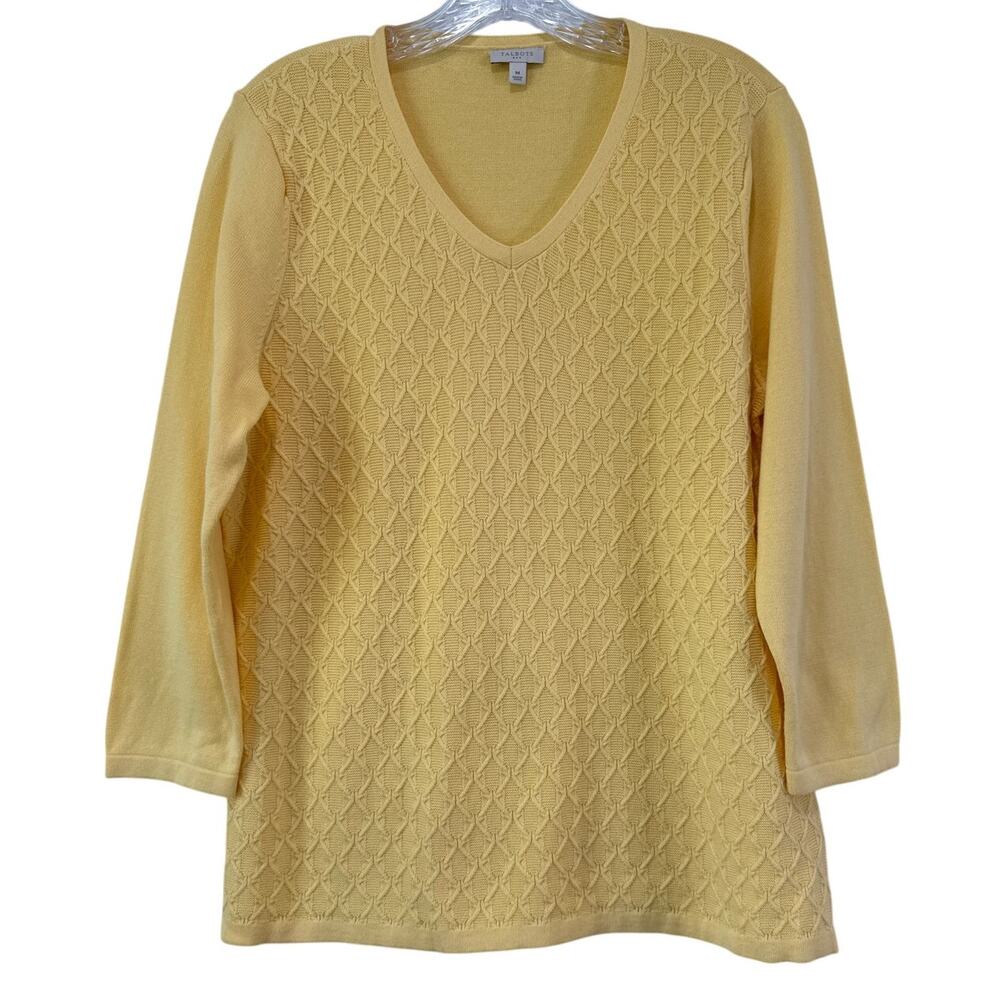 Talbots Butter‎ Yellow V Neck 100% Cotton Textured Sweater Size M 3/4 Sleeves